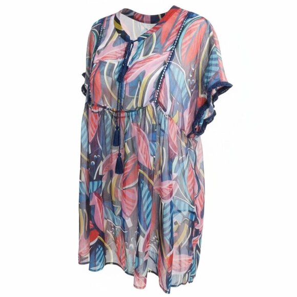 Bleu Rod Beattie NWT Women's Blue/Red Chiffon Feather Swim Coverup, Size Large - Picture 3 of 9